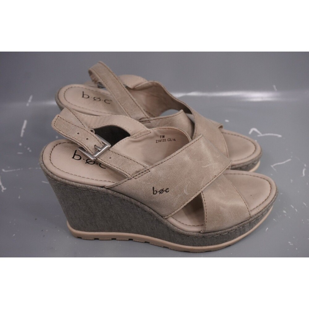 B.O.C Womens Grey Leather Open Toe Wedge Heel Slingback Sandals Size 7 M